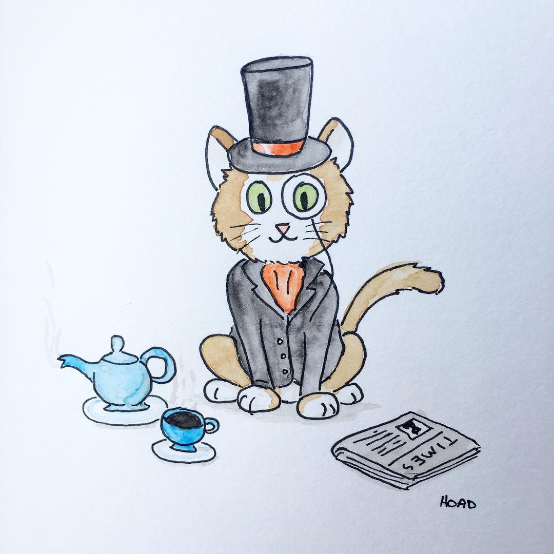 Painting of a cat drinking a tea and reading a newspaper