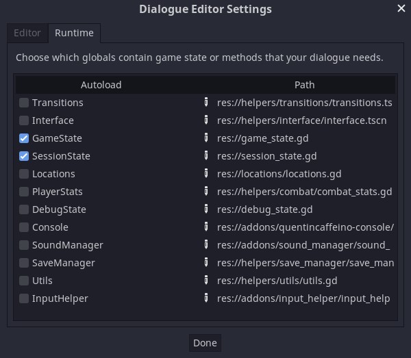 Screenshot of runtime state configuration
