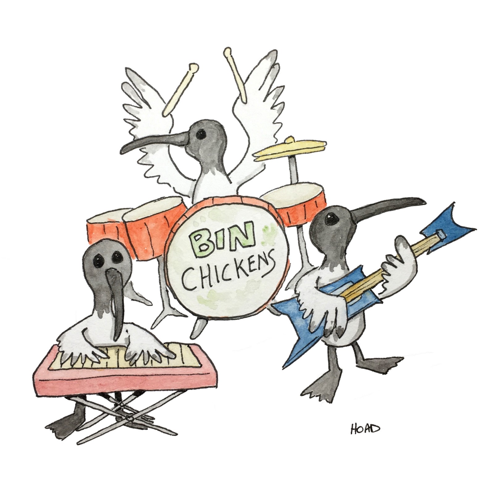 Painting of ibises playing in a band