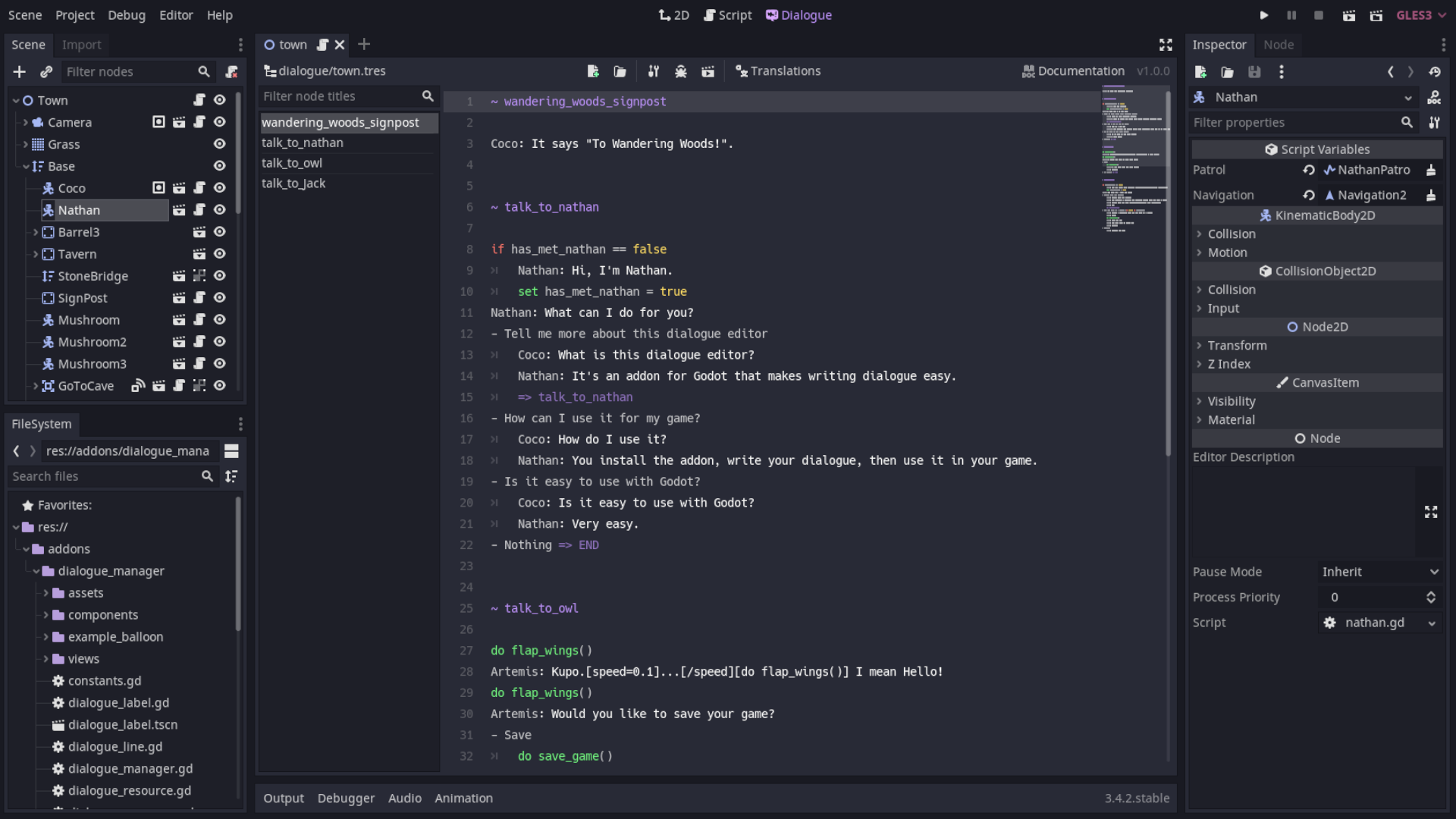 Screenshot of Dialogue Manager in Godot