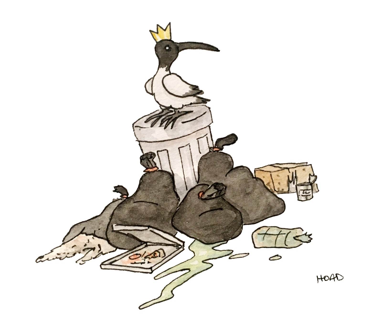 Painting of Ibis on a pile of trash.